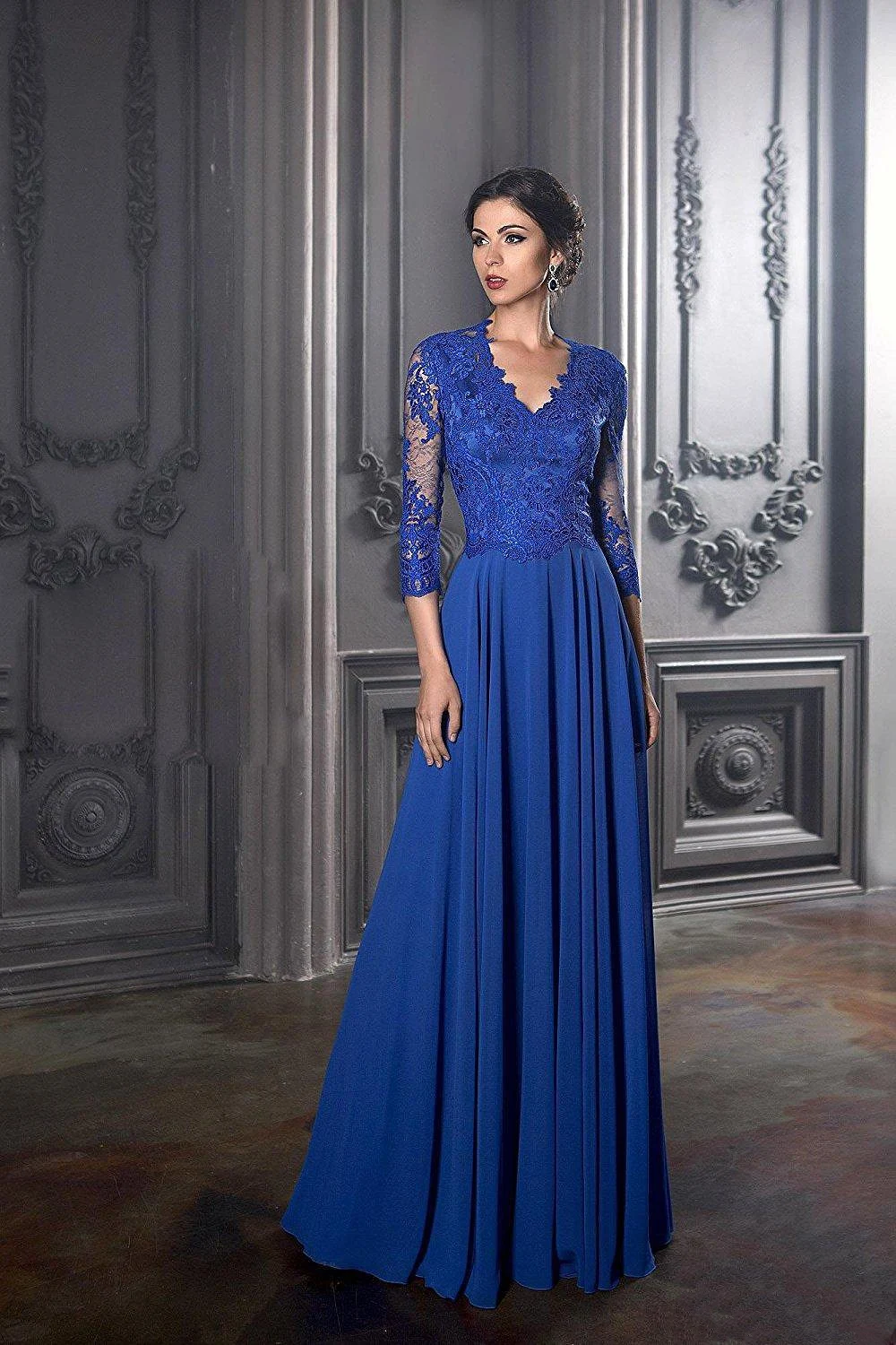 

Royal Blue Mother Of The Bride Dresses A-line V-neck 3/4 Sleeves Chiffon Appliques Plus Size Long Groom Mother Dresses Wedding