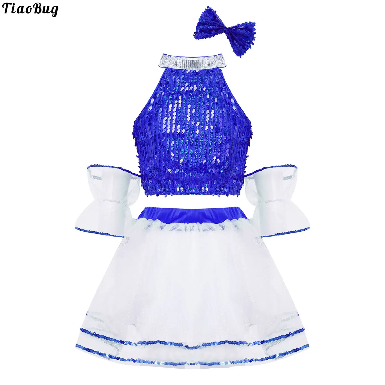 TiaoBug Kids Girls Performance Dancewear Costume Sets Loop Collar Sequins Crop Top With Mesh Tutu Skirt Bowknot Hairpin Bracelet