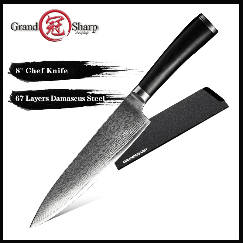 

Grandsharp 8'' Damascus Chef Knife 67 Layers Japanese VG10 Blade Damascus Kitchen Knife Meat Vegetable Slicing Pakka Wood Handle