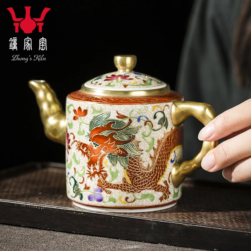 |Zhongjia kiln silk enamel teapot with dragon pattern single pot Jingdezhen pink Qilin teapot household Kung Fu teapot