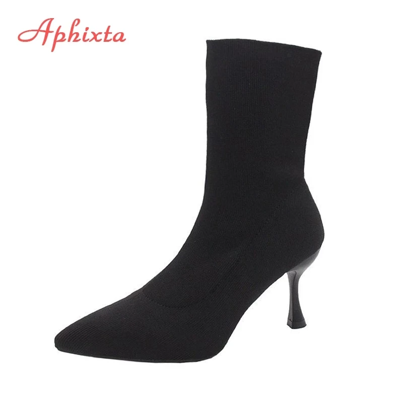 Aphixta 9cm 7cm 5cm Stretch Fabric Socks Boots Women Black Shoes Elegant Pointed Toe Knitting Elastic Ankle Boots for Women