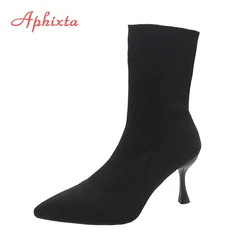 Aphixta 9cm 7cm 5cm calze in tessuto elasticizzato stivali donna scarpe nere elegante punta a punta maglieria stivaletti elastici per donna