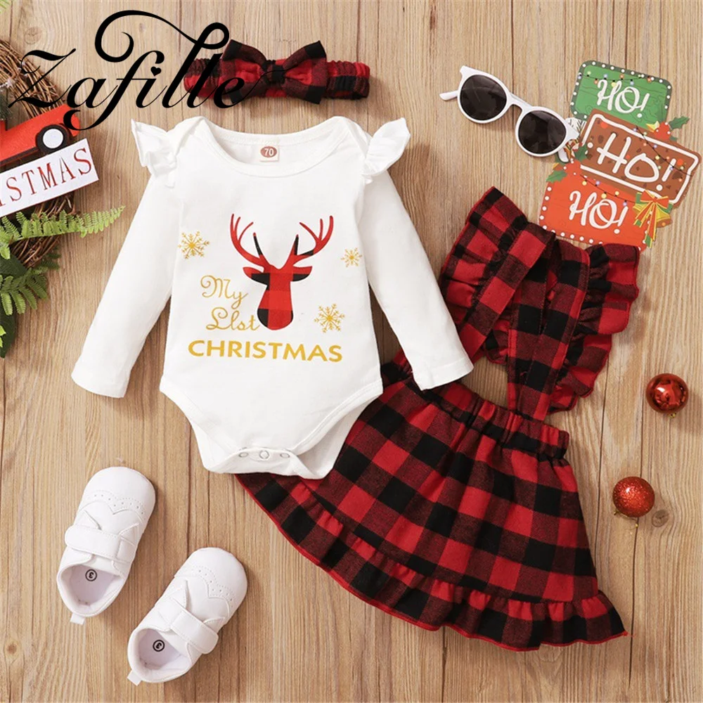 ZAFILLE My First Christmas Costume For Baby Girl Clothes Set Red Plaid Suspender Dress Party New Year Clothes For Babies