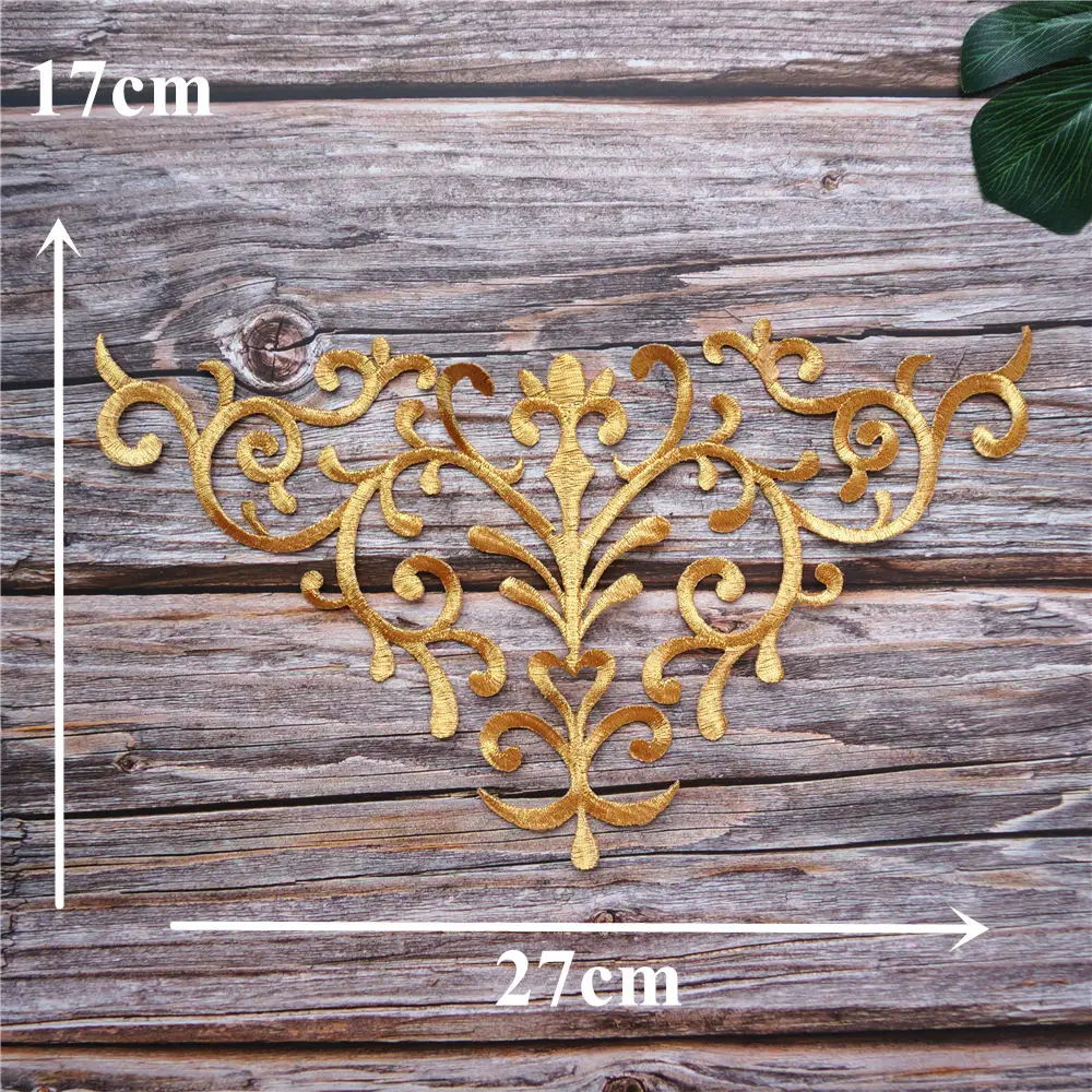 Gold Baroque Appliques Embroidered Gown Fabric Collar Sew Iron On Patches For Wedding Decoration Dress DIY