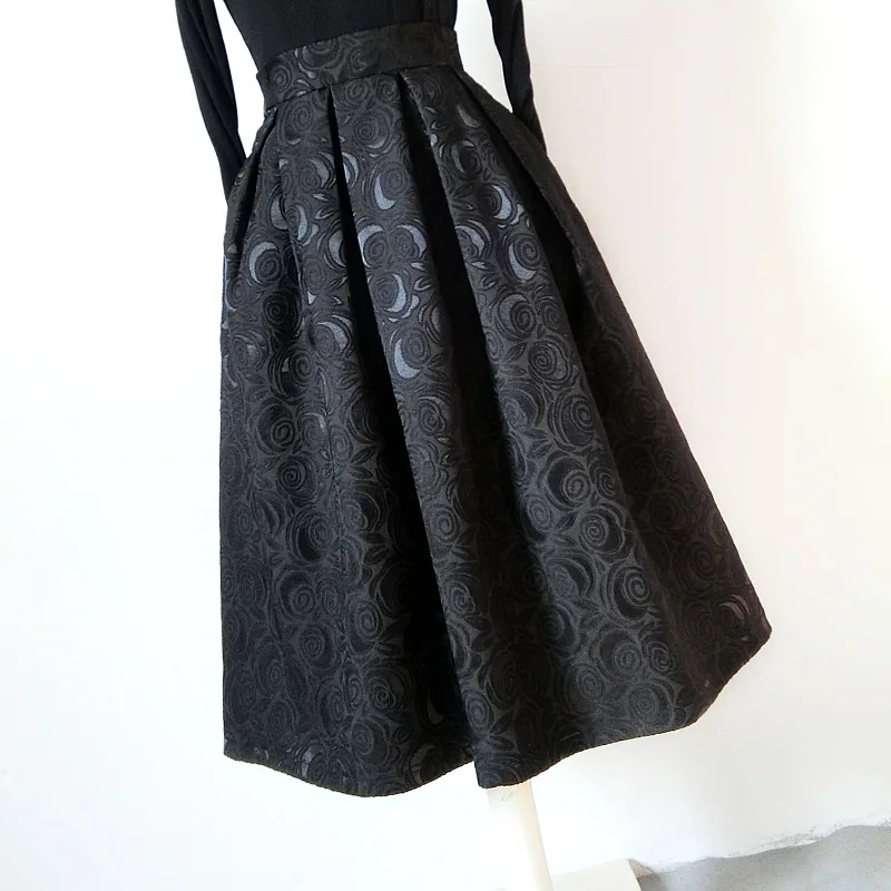 2023 Autumn Ladies Black Jacquard Pleated Ball Gown Skater Midi Skirts Womens Solid Office Wear