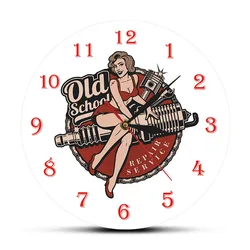 Garage Personalized Retro Old School Car Repair Service Wall Clock Mechanic Man Cave Timepiece Spark Plug Pin Up Girl Wall Watch