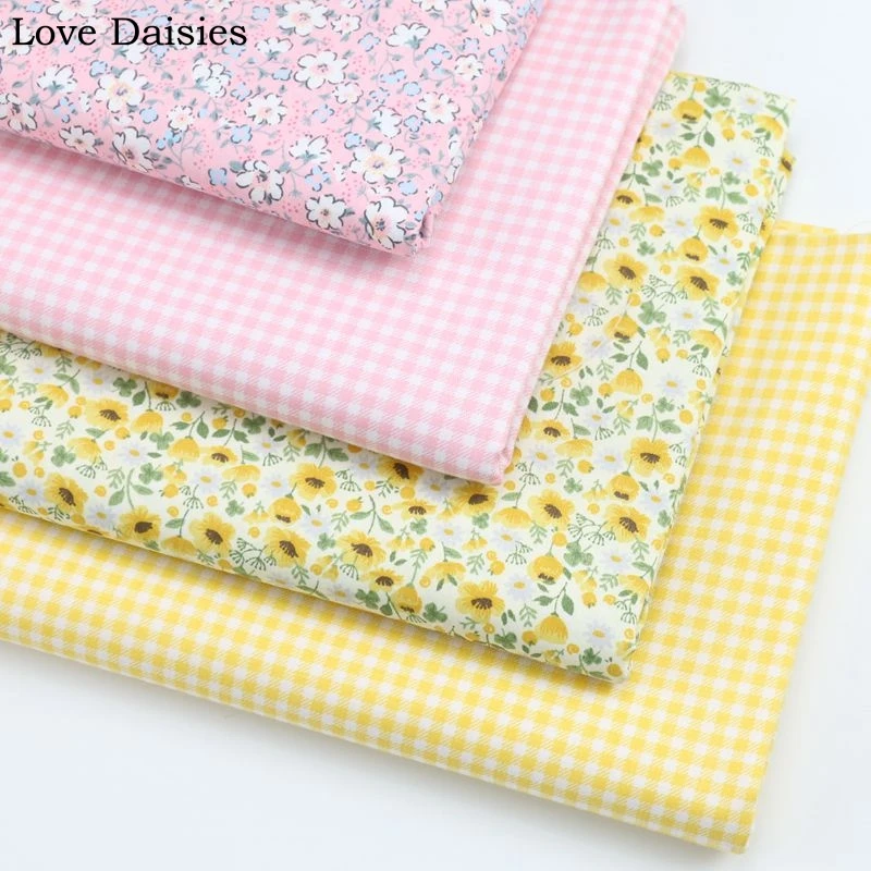 100% Cotton Pastoral PINK YELLOW Small Flowers Lattice Check Fabric DIY for Kids Bedding Dress Blouse Handwork Decor Craft Cover