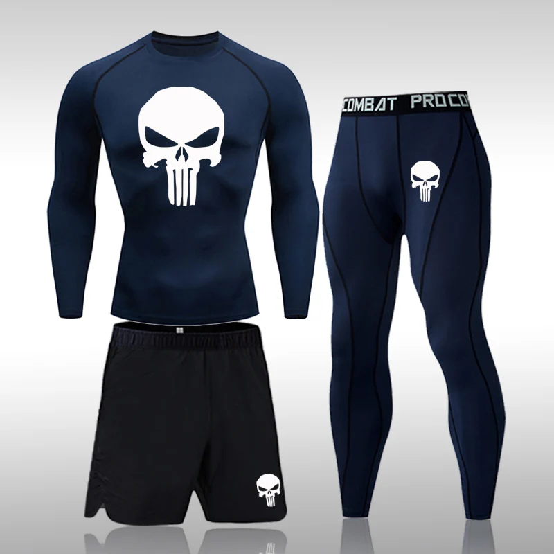 Men Compression Set MMA Long or Short Sleeve T-shirt Men\'s Tight Pants Fitness Bodybuilding Clothes Skull Rashguard Sports Suits