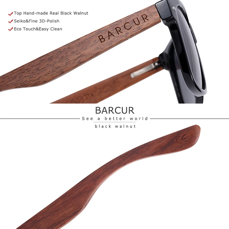 BARCUR Sonnenbrille aus schwarzem Walnussholz für Herren, polarisiert, hochwertige quadratische Sonnenbrille für Herren, UV400, Brillenzubehör, Originalverpackung – Detail 5