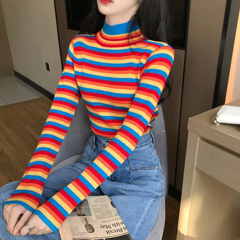 Winter Rainbow Knitted Women Sweaters And Long Sleeve Casual O-Neck Pullovers Sueter Mujer Tops Striped Turtleneck Jumper