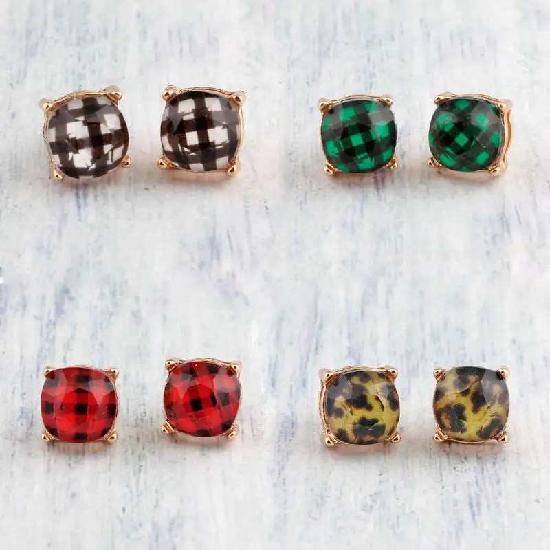 ZWPON Classic Cushion Cut Stud Earrings Vibrant Simple Stud Earrings for Women Fashion Leopard Plaid Dot Earrings Wholesale