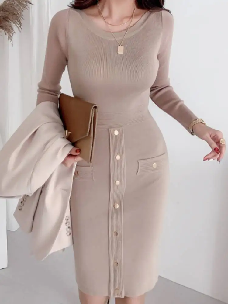 

One-Piece Buttons Sweater Dress Women Autumn New High Elastic Knitted Dress 2022 Winter Pullover Office Woman Slim Mini Dresses