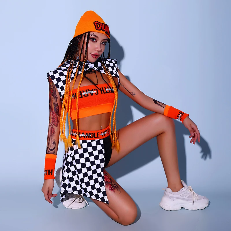 Cheerleader Uniform Women Orange Jazz Dancer Outfit Festival Clothing Hip Hop Dancewear Performance Costume K pop Outfit DL8078