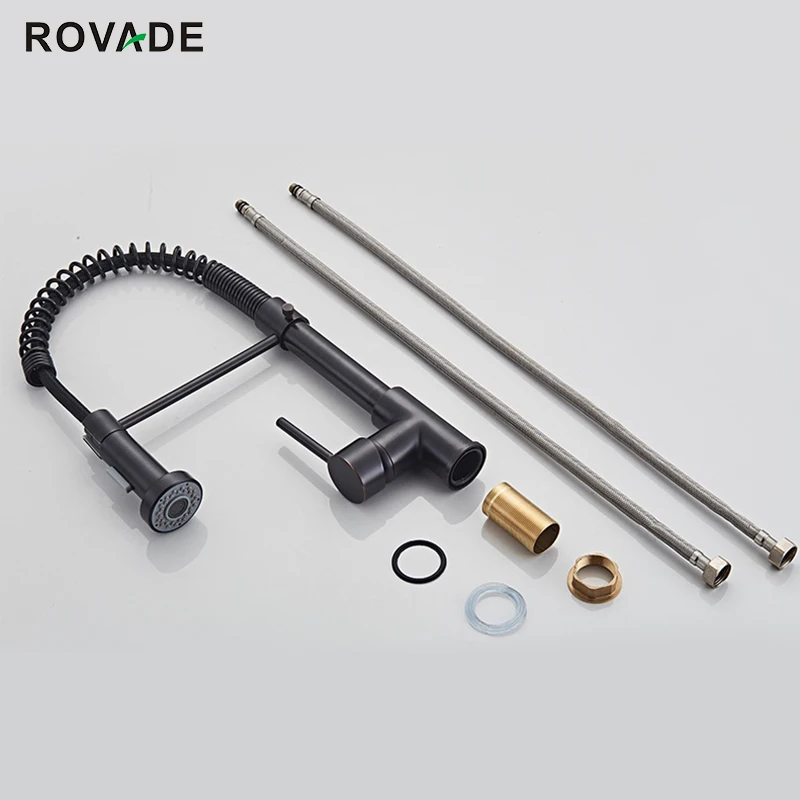 ROVODE Kitchen Faucets Solid Brass Single Handle Single Lever Pull Down Sprayer Spring Kitchen Sink Faucet Matte Black 8032