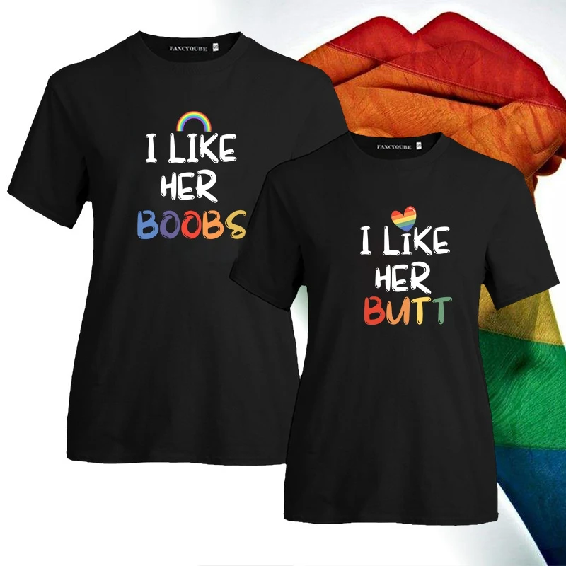 Pride Lesbian Matching Couples Compliment T-Shirt I Like Her Boobs & I Like Her Butt Funny Graphic Tee Women