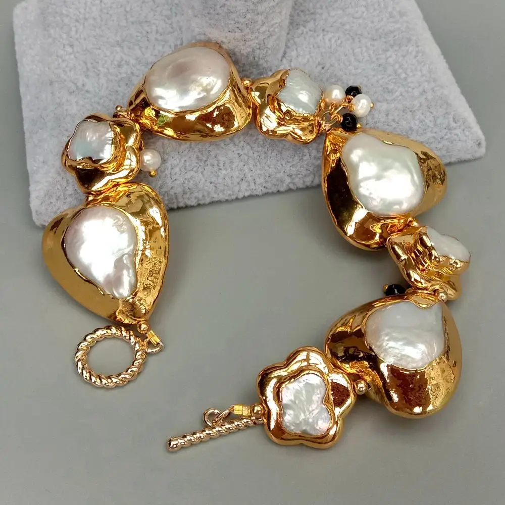 YYGEM natural Heart and Flower Shape  White Keshi Pearl  With Gold Electroplated Wrap Bracelet 9" Toggle Clasp Class style view 5