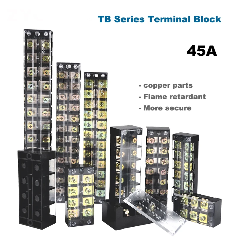 

1Pcs Dual Row Strip Barrier Screw Terminal Block Fixed Wire Connector TB-4503/4/5/6/10/12 Positions 600V 45A