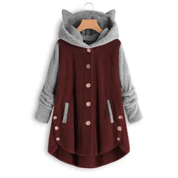 Fashion Cute Cat Women Hoodies Sweatshirts Winter Warm Hooded Tops Loose Soft Patchwork Coat Lady Pajamas Harajuku