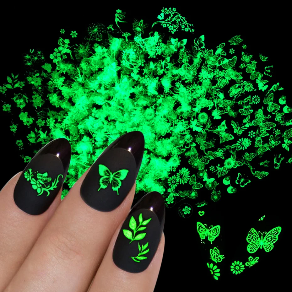 9 Stks/set Lichtgevende Effect Nail Stickers Vlinder Bloem Blad Ontwerp Lente Decals Gloeien In Het Donker Sliders Wraps GLCY055-063