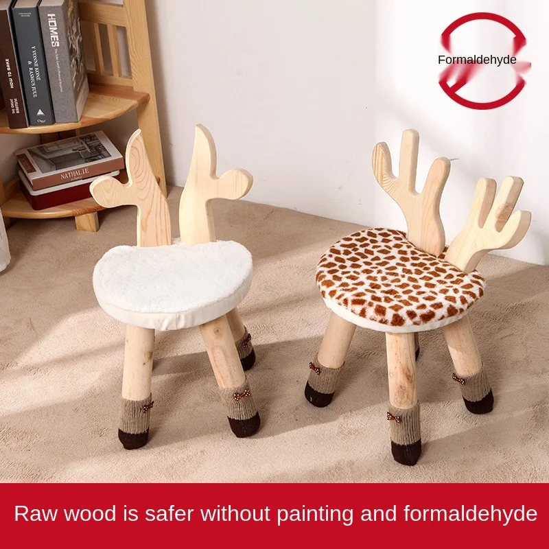 Kids Stool Solid Wood Chair for Children Cartoon Deer Rabbit Non-slip Bench Foot Stool Kindergarten School Home Kids Furniture