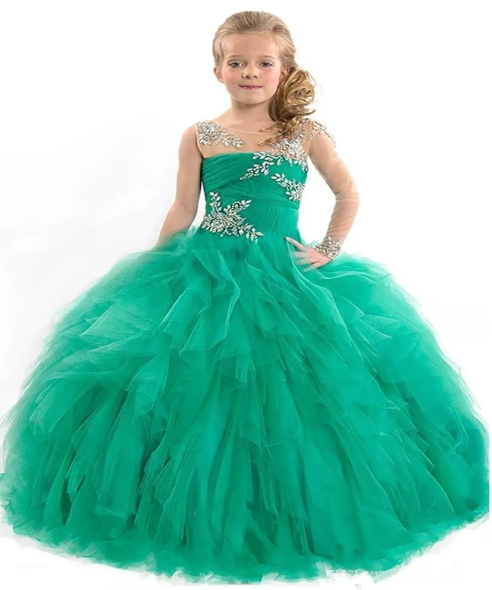 Charming Green/Rose Red Flowers Girls Pageant Dresses Crystal Tulle Floor Length Formal Party Gowns