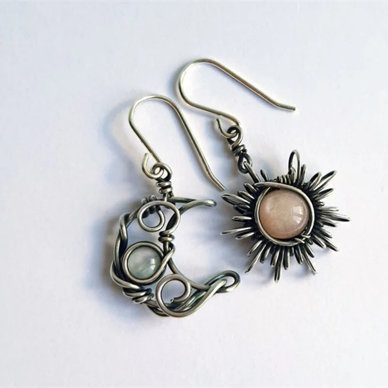 Pendientes de sol y luna bohemios para mujer, pendientes de gota de cristal de Color plateado, joyería de moda Bohemia para mujer, regalo para ella