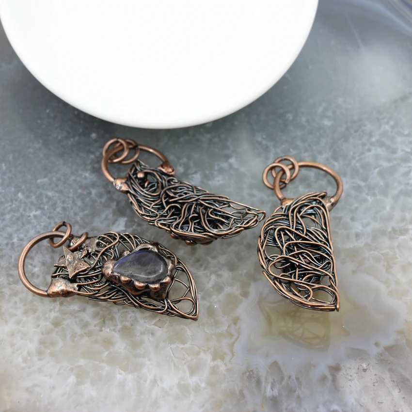 Natural Labradorite Half Moon Birds Nest Antique Brass Style Pendant,Healing Reiki Energy Stone Necklace DIY Charms Jewelry