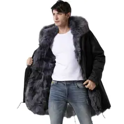 Fashion Thick Warm Parka Black Outshell With Grey Fox Fur Lining Long Fur Coat Winter Men Overcoat