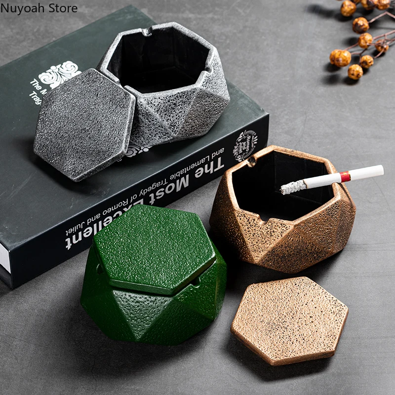 Nordic Rhombus Cement Ashtray with Lid Creative Personality Anti Fly Ash Storage Box Home Living Room Decoration Accessories