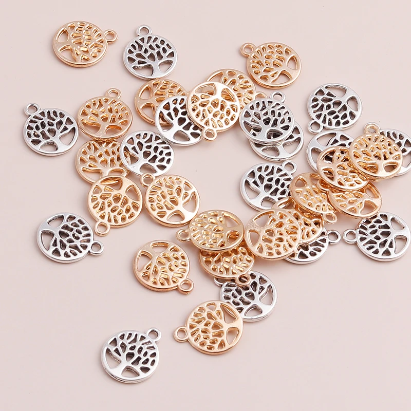 Leslie 50pcs Small Hollow Life Tree Pendants Necklaces Vintage Antique Silver Color Trees Charms Jewelry 13x13mm Accessories