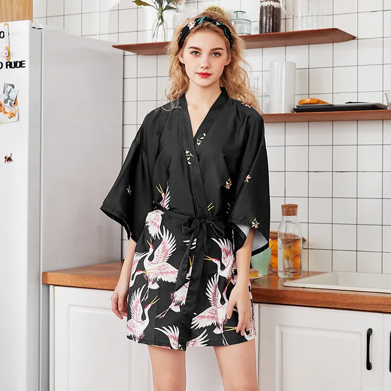 Fashion Women\'s Summer Mini Kimono Robe Lady Rayon Bath Gown Yukata Nightgown Sleepwear Sleepshirts Pijama Mujer Size M-XXL