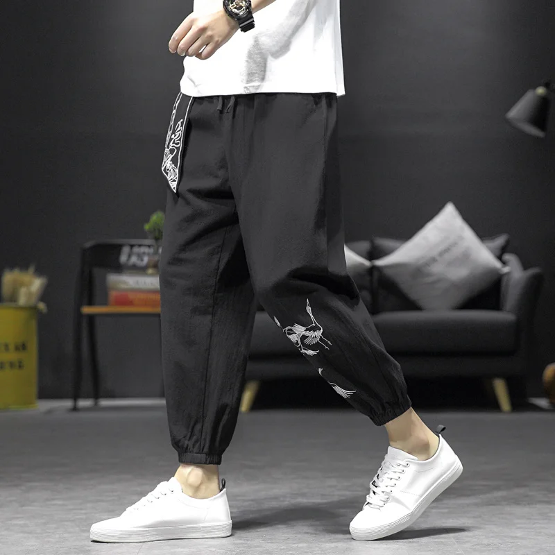 

Style Chinese Men Elastic Waist Harem Pants Street Loose Casual Ankle-Length Pants Cotton Linen Embroidery Sweatpants Oversize