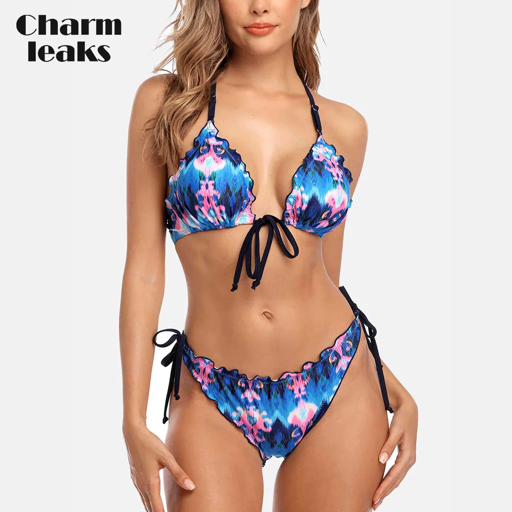 Charmleaks Women Bikini Set Flower Print Swimsuit Lace Sexy Swimwear Push Up Side Bandaged Bathing Suit Beachwear