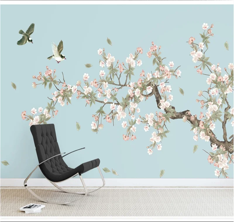 

Xuesu Begonia flower new Chinese hand-painted meticulous flower and bird sofa bedroom custom wallpaper mural 3D/5D/8D photo wall