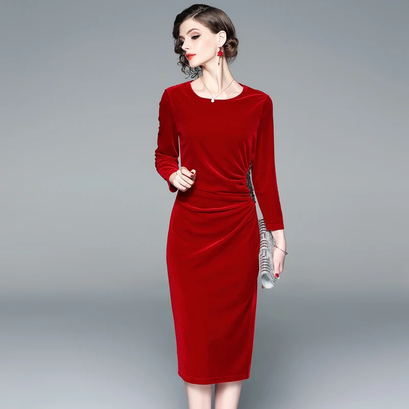 Imagem -04 - Markowo Designer Marca 2023 Nova Feminino em Torno do Pescoço de Veludo Frisado Vermelho Senhora Estilo Vestido Banquete Vestido Cor Sólida Saia