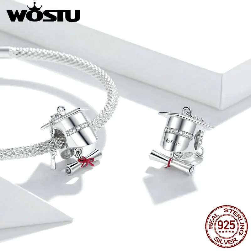 WOSTU Authentic 925 Sterling Silver College Cap Charm Bead Graduation Gift Charms Pendant Fit Original Bracelet Necklace CTC357