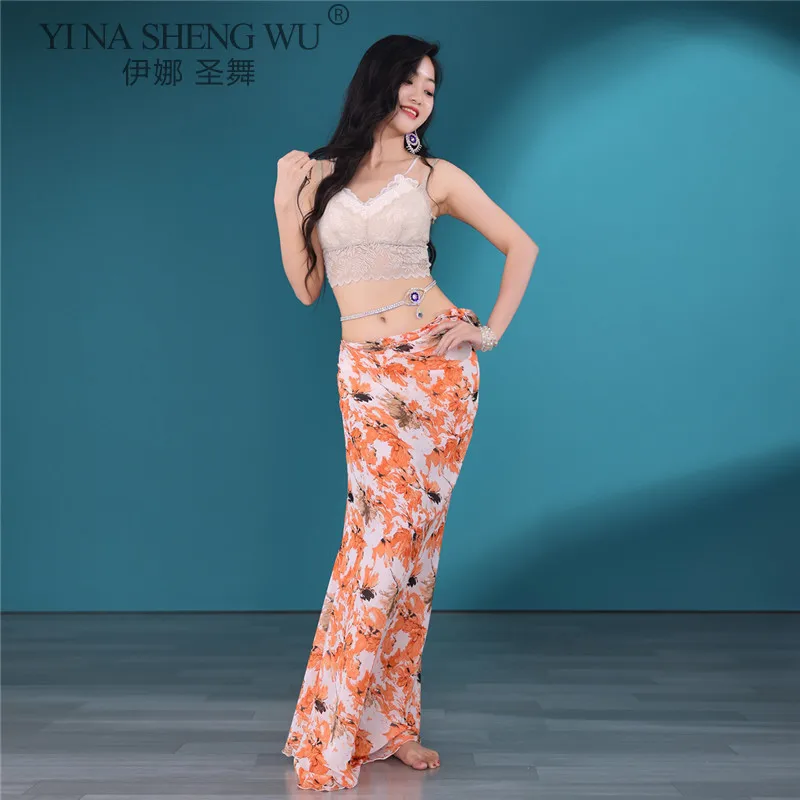 Traje de danza del vientre con diseño suelto, traje Sexy con estampado superior, falda larga dividida, ropa de práctica de actuación de danza Oriental