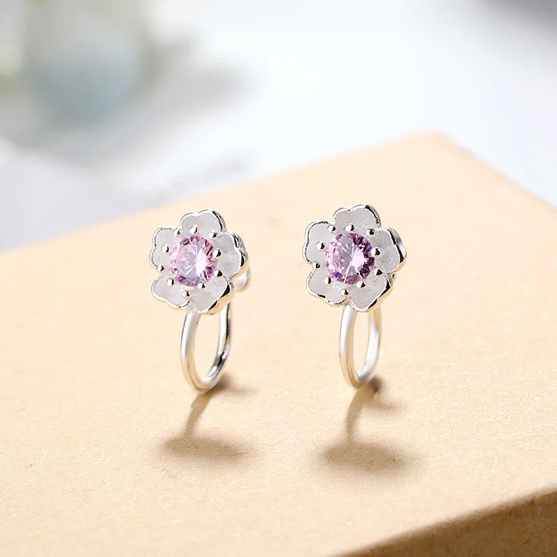 Fashion Female Earrings 925 Silver Needle Cherry Blossoms Flower With Pink/purple Cz Zircon Earrings For Women Pendientes