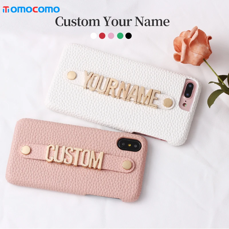 Personalize Custom Name Pebble Leather Holding Strap Letter Phone Case For iPhone15 14ProMax 14Plus 13Promax 13 12 Luxury Cover