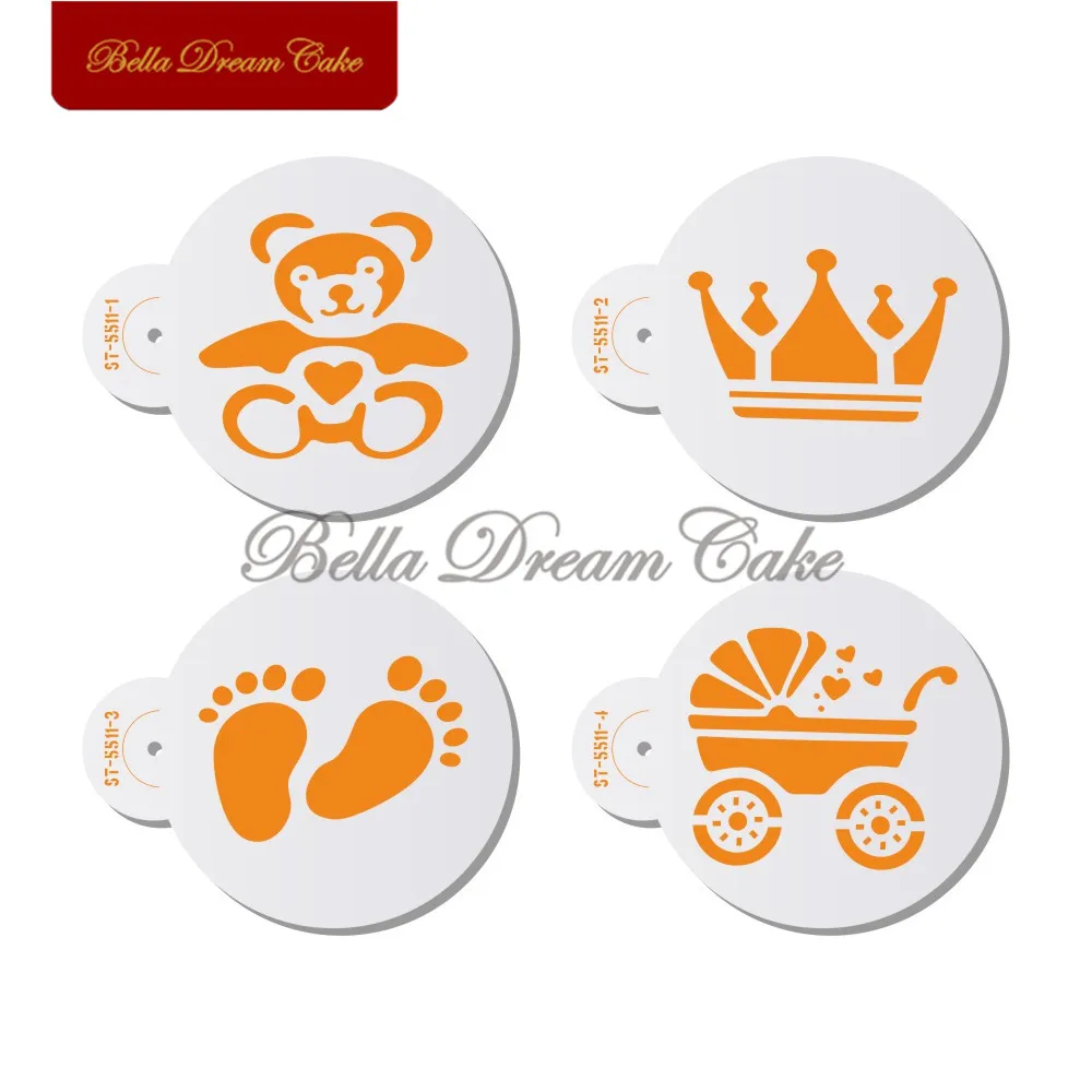 4pcs/set Crown Baby Footprint Pram Cookies Stencil Coffee Stencils Template Cake Decorating Tools Biscuits Cake Mold Bakeware