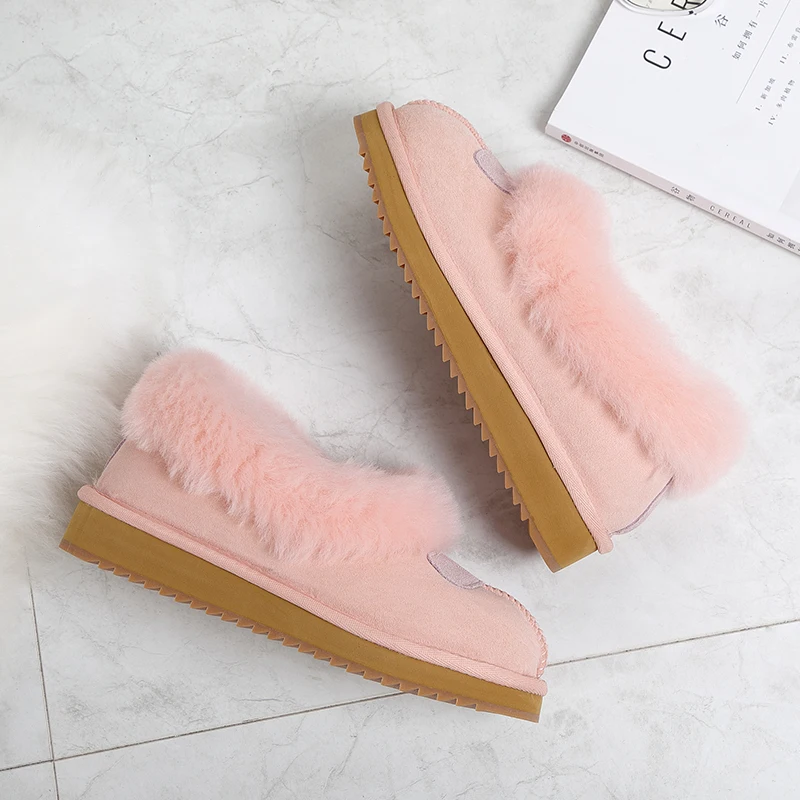 KZZO Women Boots Genuine Leather Fashion Natural Wool Fur Lined Flat Winter Ankle Warm Shoes 2023 Australia Big Size 34-44