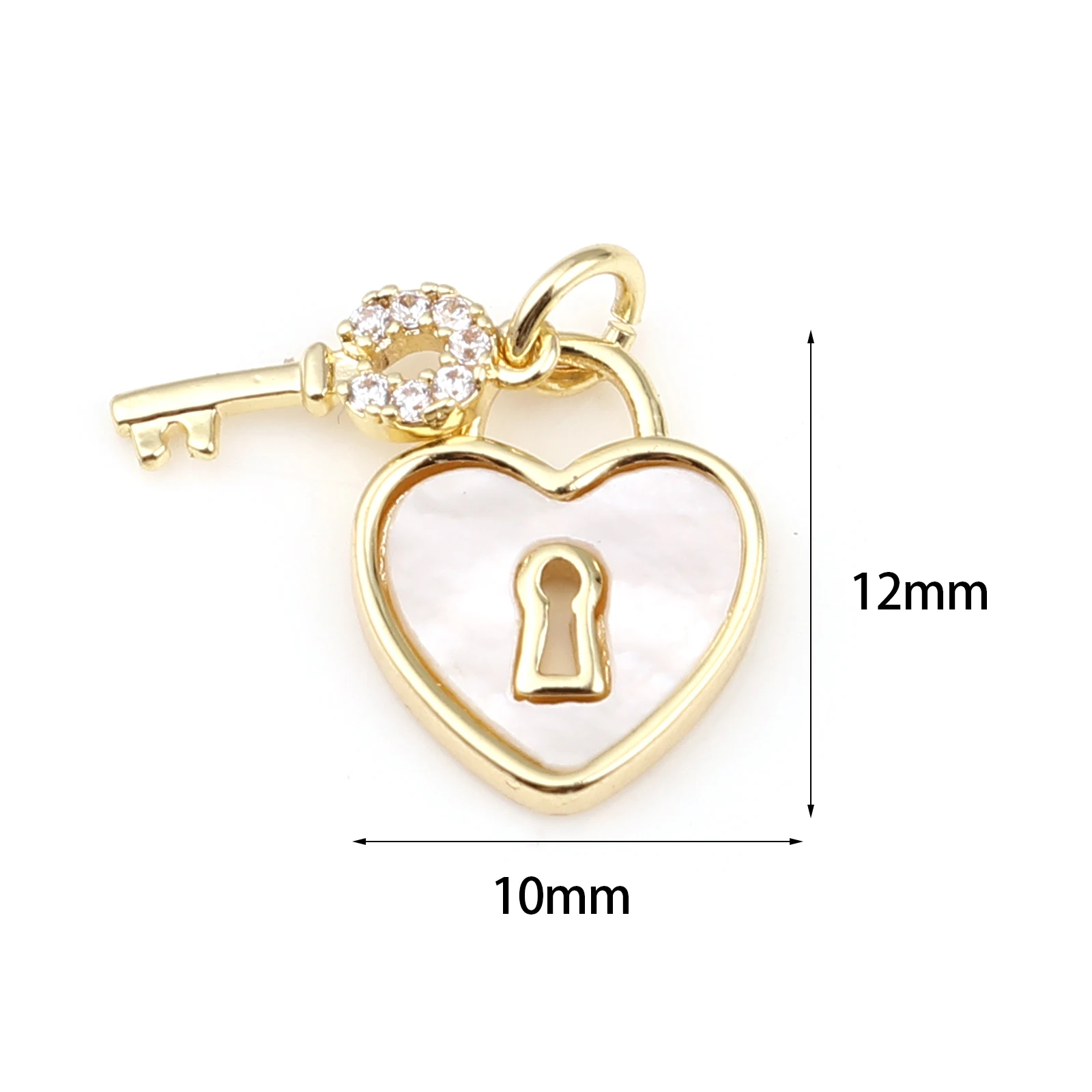 Dijes de cobre para hacer joyas, colgantes de diamantes de imitación transparentes, clave de corazón blanco y Metal, Color dorado, DIY, joyería, 12mm x 10mm,1 unidad