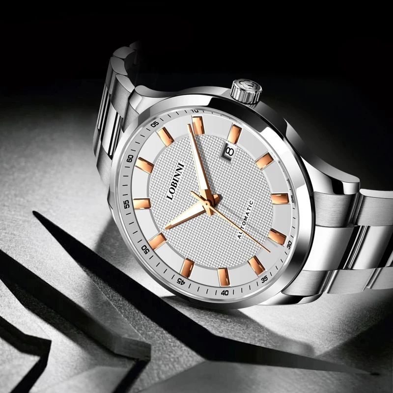 LOBINNI Orologi meccanici automatici classici in acciaio inossidabile delle migliori marche Orologi impermeabili analogici con quadrante bianco ultra sottile da uomo
