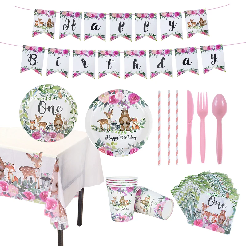 Ensemble de vaisselle jetable bois forêt, assiettes, tasses, animaux Zoo renard ours cerf, décoration de fête prénatale anniversaire