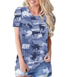 Women Camo T-Shirts Street Female Cat Print Tee Short Sleeve Casual Tops Summer Lady Round-Neck Sporty Workout T-Shirts Top