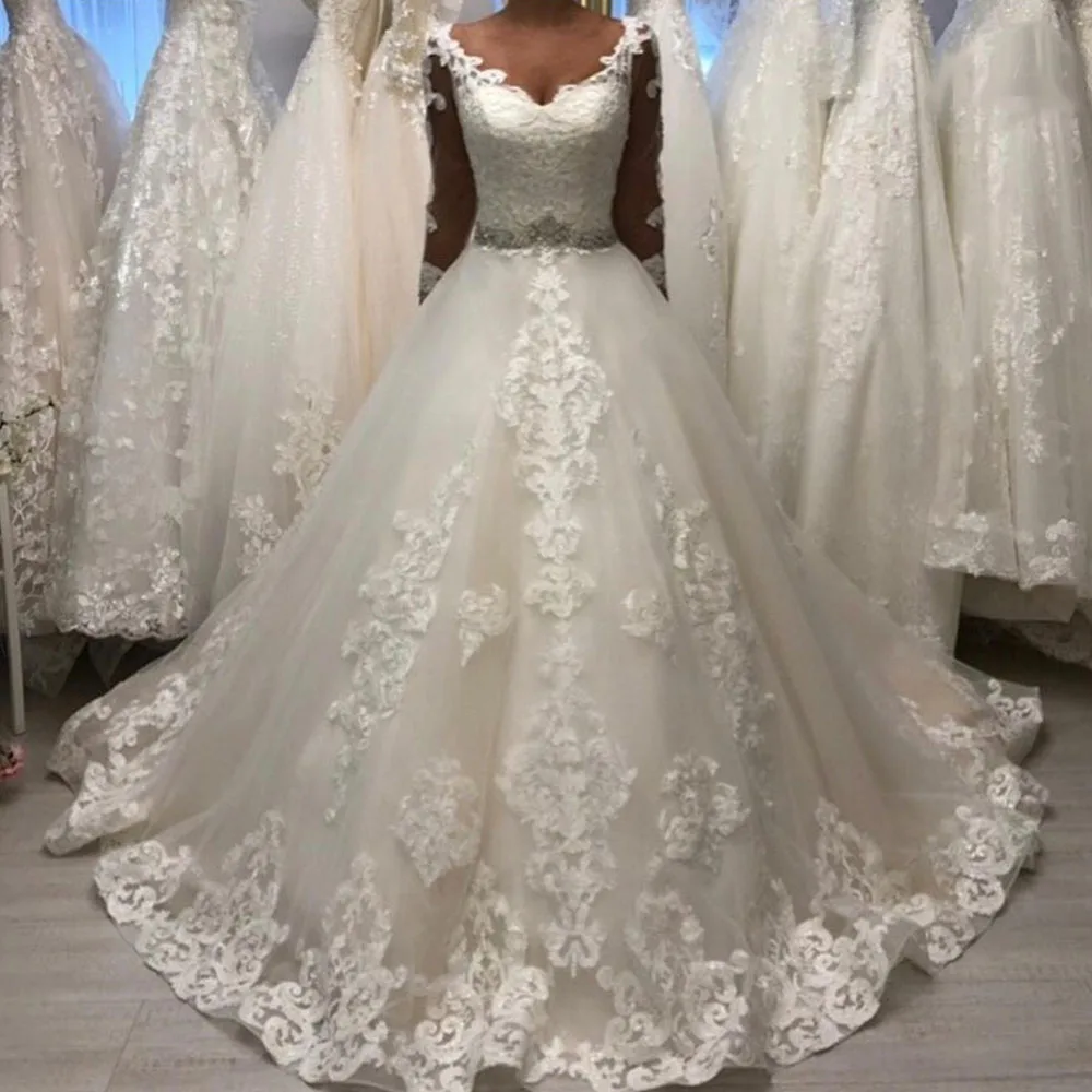 

2022 V Neck Wedding Dresses White Lace Appliques Long Sleeve Vestido De Noiva Ball Gown Bridal Wedding Gowns