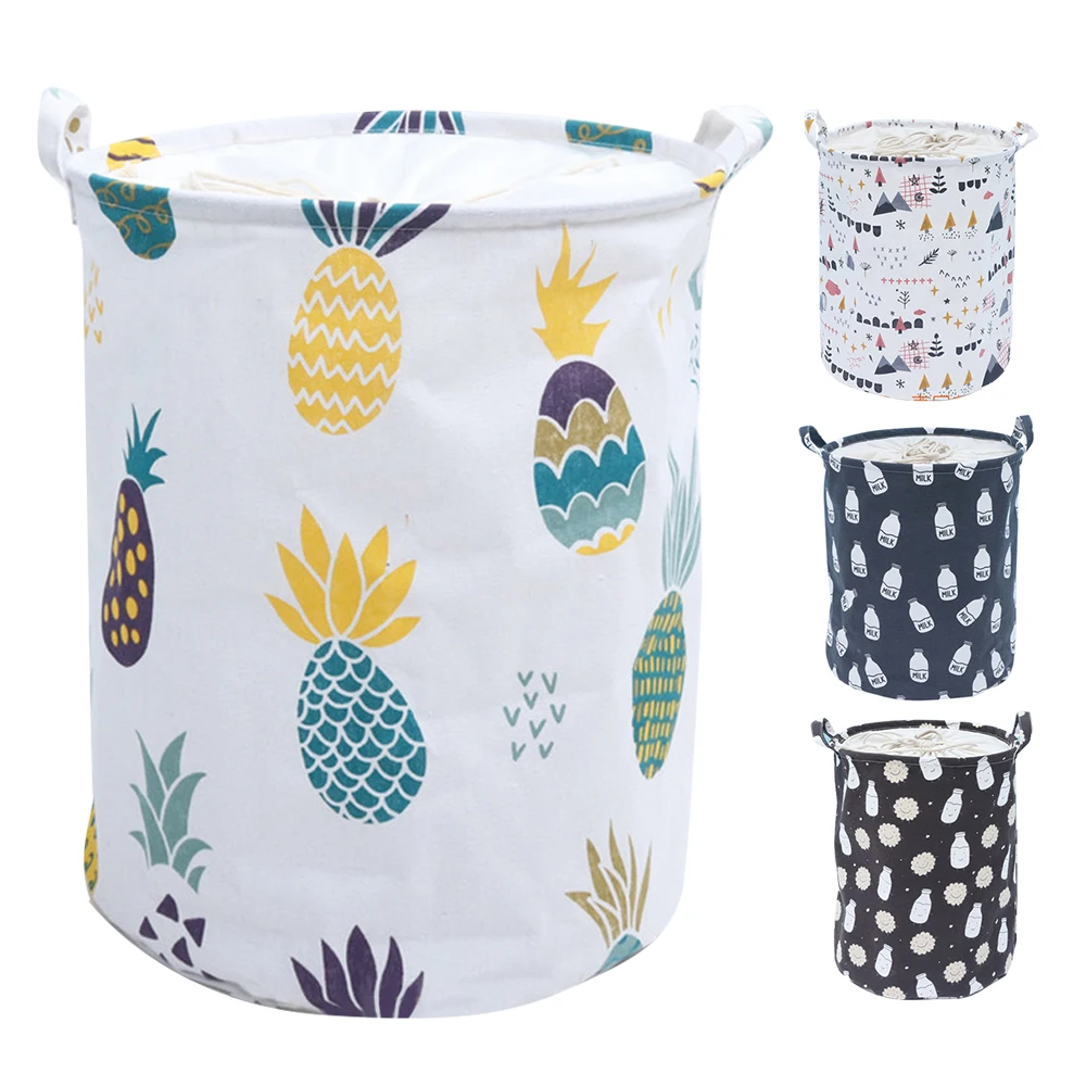 Round Folding Large Laundry Basket Drawstring Printed Toys Bucket Anti-dust Dirty Clothes Storage Barrel Organizer Bag 44*55cm