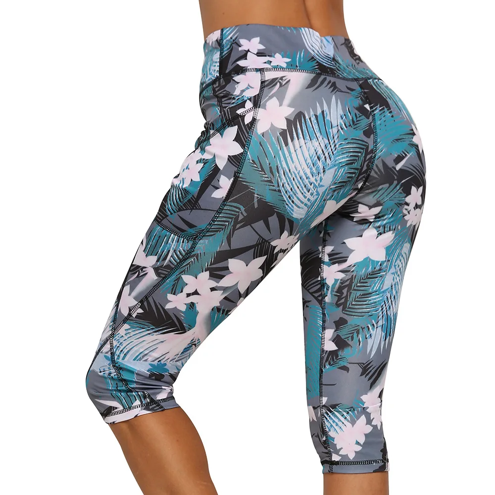 

Women Pringting Flower Fitness Leggings High Waist workout Gym pants Push Up Yoga Leggings Knee Length Running Sport Pants