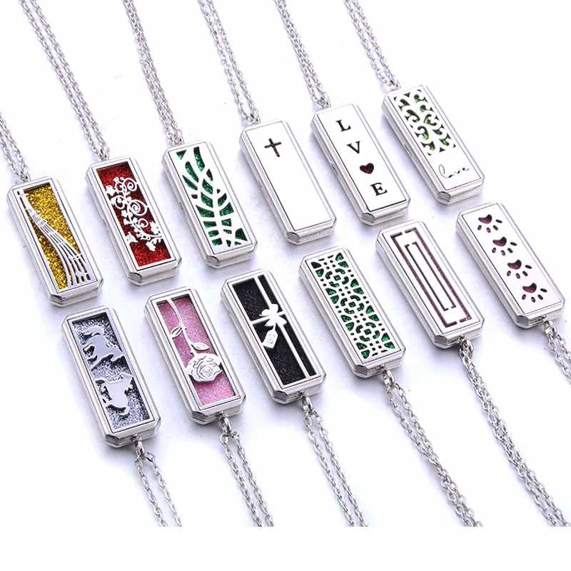 Multiple design Stainless Steel rectangle Aromatherapy lockets Perfume Essential Oil Diffuser Pendant Necklace fashion Jewelry