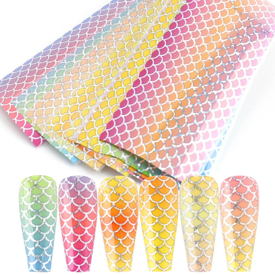 10Pcs Mermaid Nail Folies Gradiënt Vis Schaal Nail Art Decorations Holografische Zelfklevende Papier Golf Ontwerp Manicure Decals LE9114